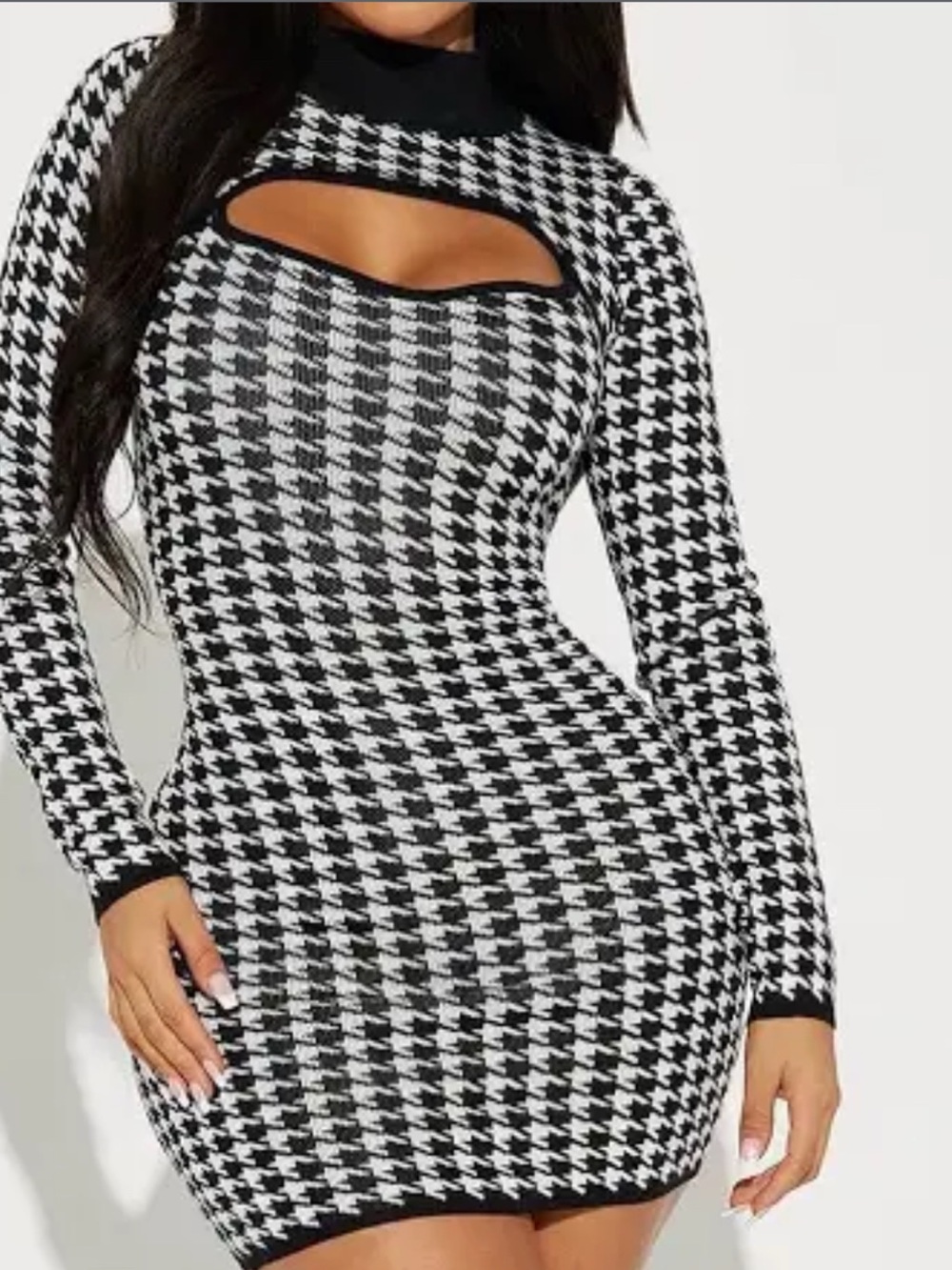 SHEIN Black & White Houndstooth Cutout Bodycon Mini Dress